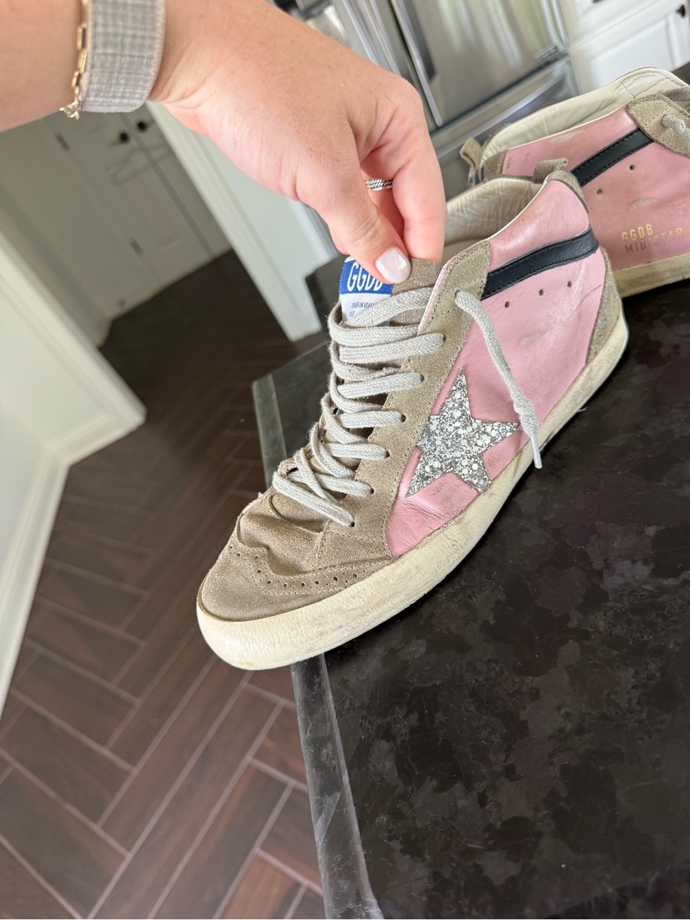 Golden Goose Pink & Taupe High-Top Sneaker with Silver Glitter Star